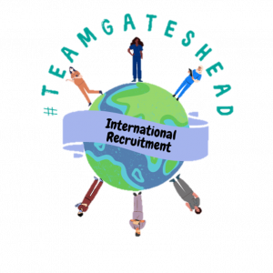 International recruitment logo of the world, the recruitment team and #teamgateshead above.