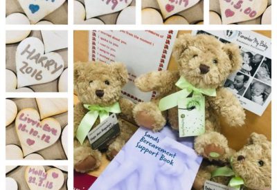 Bereavement bears and wooden hearts with baby's names